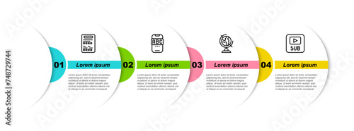 Set line Exam sheet, Foreign language online study, Earth globe and Video with subtitles. Business infographic template. Vector