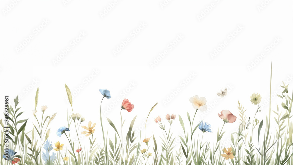 
vintage hand-drawn watercolor illustration of Horizontal Banner With wildflowers , in the style of soft, dreamy landscapes, elaborate borders, prairiecore,  serene , ai generated - obrazy, fototapety, plakaty 