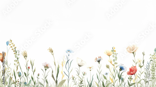  vintage hand-drawn watercolor illustration of Horizontal Banner With wildflowers , in the style of soft, dreamy landscapes, elaborate borders, prairiecore,  serene , ai generated © Cindy Liu
