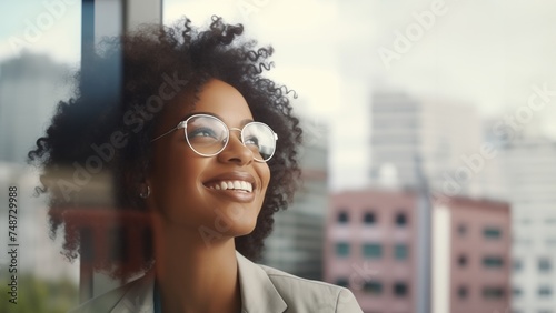 Black businesswoman in glasses, looking out window at city, smiling joyfully and optimistically © Serhii