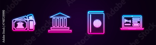 Set line Museum ticket, building, Cover book travel guide and Online hotel booking. Glowing neon icon. Vector