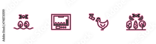 Set line Smart farm with drone, Chicken and camera, Incubator for eggs and icon. Vector