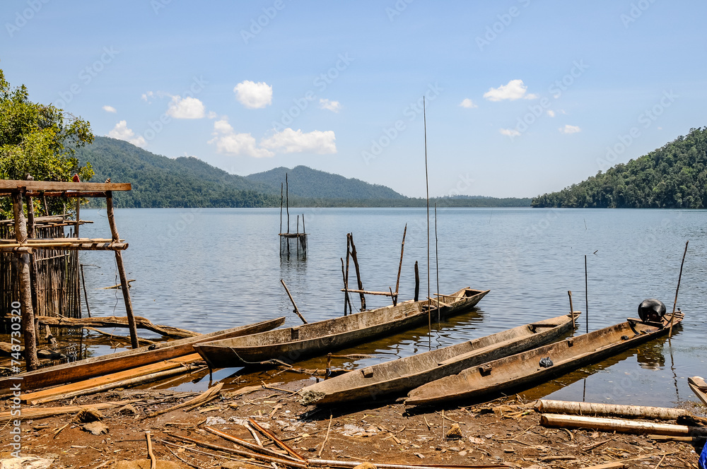 Wooden canoes on a lake in the tropical forest of Sulawesi.