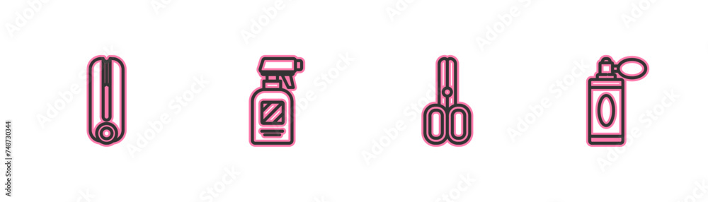 Set line Curling iron for hair, Scissors hairdresser, Hairdresser pistol spray bottle and Aftershave with atomizer icon. Vector Set line Curling iron for hair, Scissors hairdresser, Hairdresser pistol spray bottle and Aftershave with atomizer icon. Vector