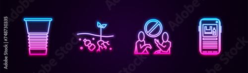 Set line Paper glass, Problem of pollution planet, Stop plastic and . Glowing neon icon. Vector