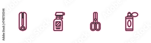 Set line Curling iron for hair, Scissors hairdresser, Hairdresser pistol spray bottle and Aftershave with atomizer icon. Vector