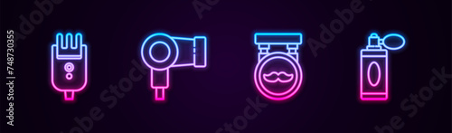 Set line Electrical hair clipper or shaver, Hair dryer, Barbershop and Aftershave bottle with atomizer. Glowing neon icon. Vector