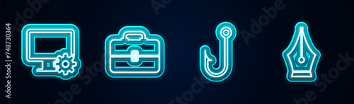 Set line Computer monitor and gear, Toolbox, Fishing hook and Fountain pen nib. Glowing neon icon. Vector