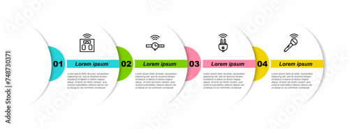 Set line Smart bathroom scales, Smartwatch, electric plug and Wireless microphone. Business infographic template. Vector