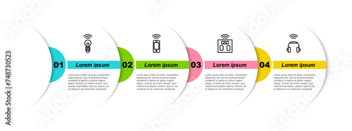 Set line Smart light bulb, Wireless smartphone, bathroom scales and headphones. Business infographic template. Vector