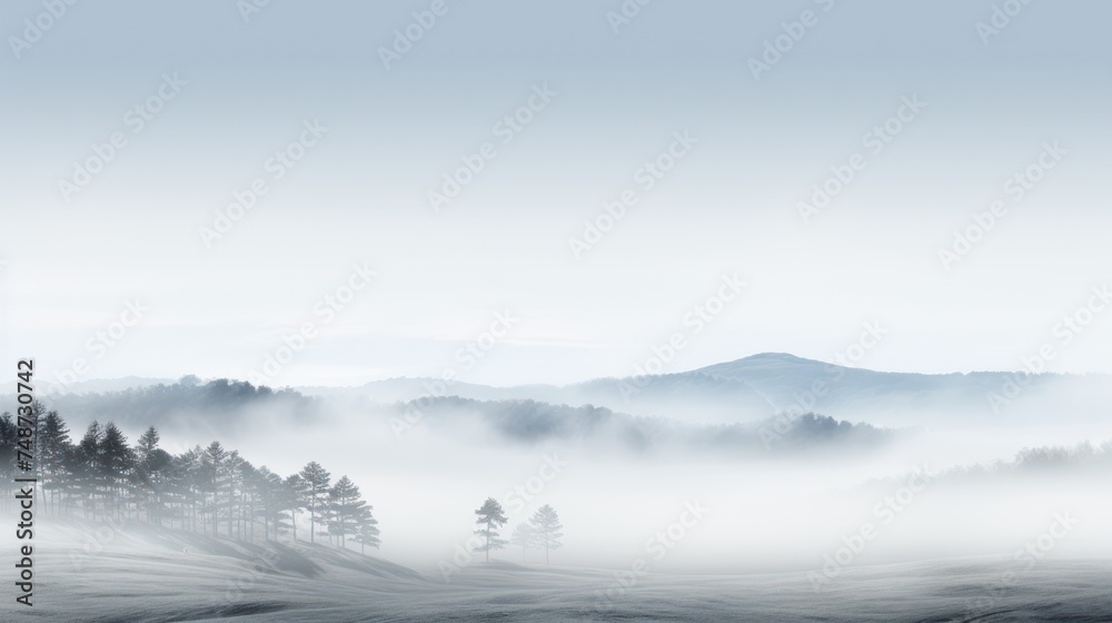 a foggy landscape with pine trees in the foreground and a mountain range in the distance in the distance.