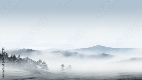a foggy landscape with pine trees in the foreground and a mountain range in the distance in the distance.