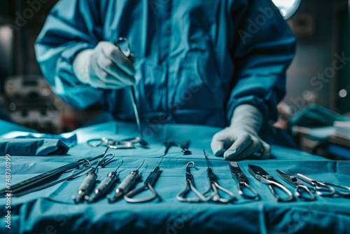 the surgeon will perform surgery on the patient, complete with surgical tools on the operating table photo