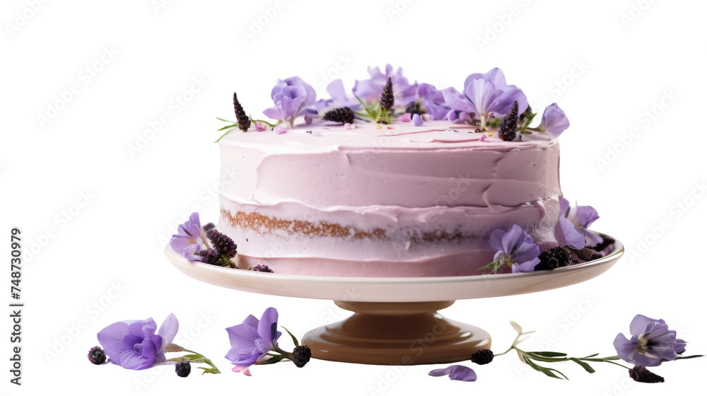 Elegant Lavender-Infused Earl Grey Cake with Lavender Frosting on white background