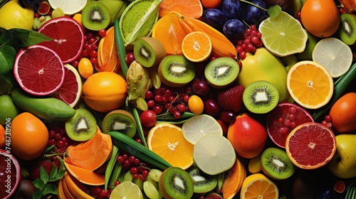 a close up of a bunch of fruit that is cut in half and stacked on top of each other with berries, kiwis, oranges, lemons, grapes, and cranberries.
