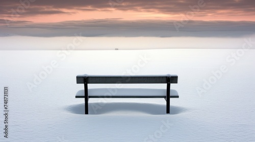 a bench sitting in the middle of a snow covered field with a pink sky in the background and clouds in the distance.