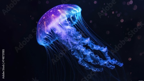 a close up of a jellyfish in the water with a blue and purple jellyfish in it's mouth.