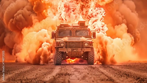 A generic military armored vehicle crosses minefields and smoke in the desert on a wide poster design that includes copy space photo