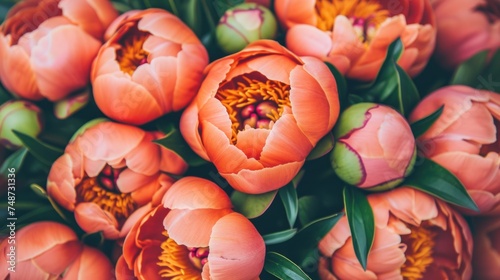 a close up of a bunch of orange tulips with green leaves on the top and bottom of the petals. photo
