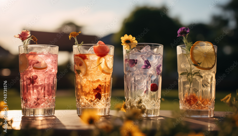 summer floral cocktails on the grass. - obrazy, fototapety, plakaty 