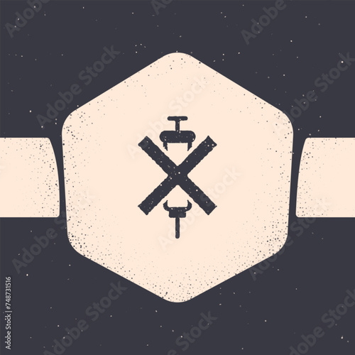 Grunge No doping syringe icon isolated on grey background. Monochrome vintage drawing. Vector