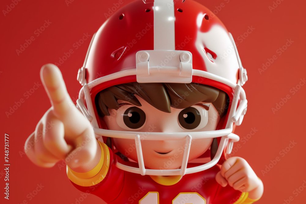 An american football 3d character player pointing to the camera. 3D illustration style