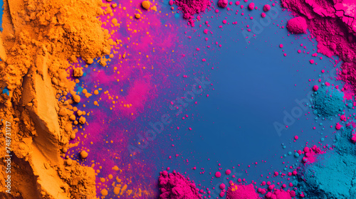 Vibrant colorful piles of orange and pink pigment powders frame on blue background with copy space for text at the center of image.