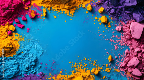 Vibrant colorful piles of yellow, pink and purple pigment powders frame on blue background with copy space for text at the center of image.