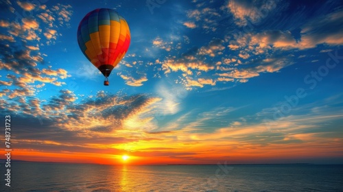 a hot air balloon flying in the sky over a body of water with the sun setting in the distance behind it. photo