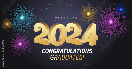 Class of 2024. Congratulations graduates gold graduation concept with 3d text and decorative elements. Graduation typography design template. Congrats graduates Flat style vector illustration