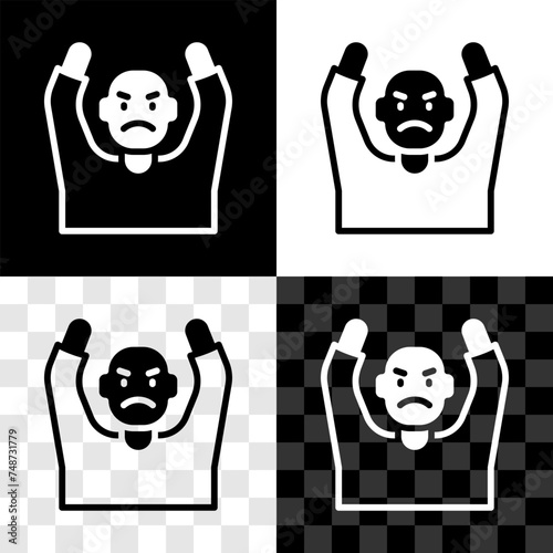 Set Thief surrendering hands up icon isolated on black and white, transparent background. Man surrendering with both hands raised in air. Vector