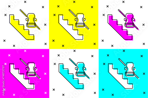 Set Disabled access elevator lift escalator icon isolated on color background. Movable mechanical chair platform for handicapped human. Vector