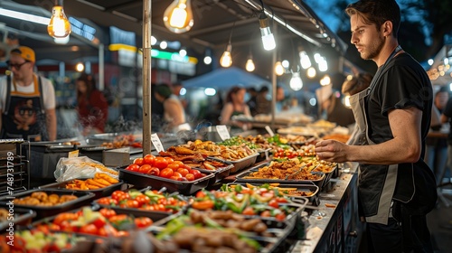 Street Food. A young man carefully selecting food at a busy outdoor market stall illuminated by hanging light bulbs.