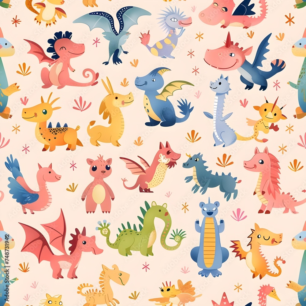 Obraz premium Cute and Playful Dragons in a Seamless Design 