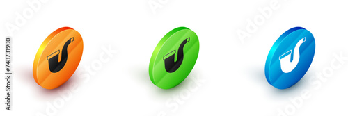 Isometric Smoking pipe with smoke icon isolated on white background. Tobacco pipe. Circle button. Vector