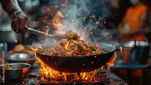 Street Food. Flaming stir fry being expertly cooked in a large wok, creating an exciting culinary display.