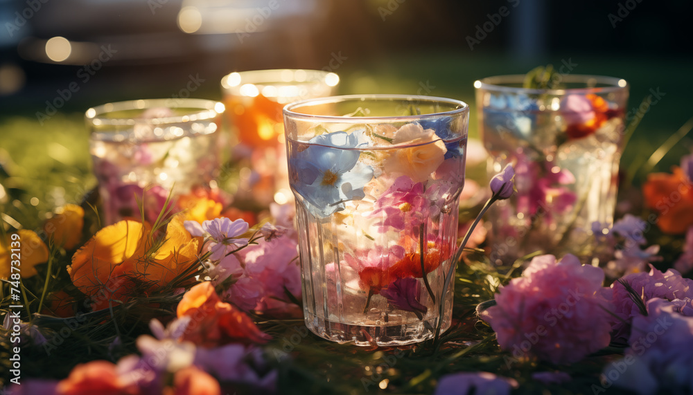 summer floral cocktails on the grass. - obrazy, fototapety, plakaty 