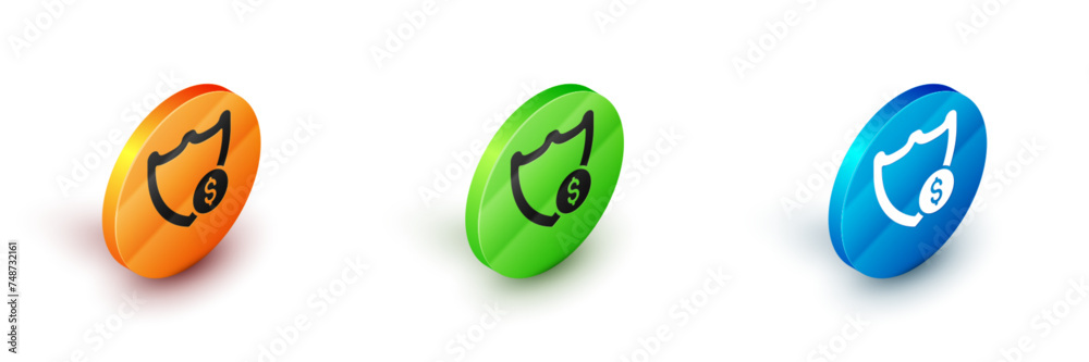 Isometric Shield with dollar symbol icon isolated on white background. Security shield protection. Money security concept. Circle button. Vector Isometric Shield with dollar symbol icon isolated on white background. Security shield protection. Money security concept. Circle button. Vector