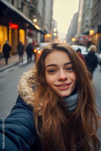 Wallpaper Mural Young girl taking selfie on the street Torontodigital.ca