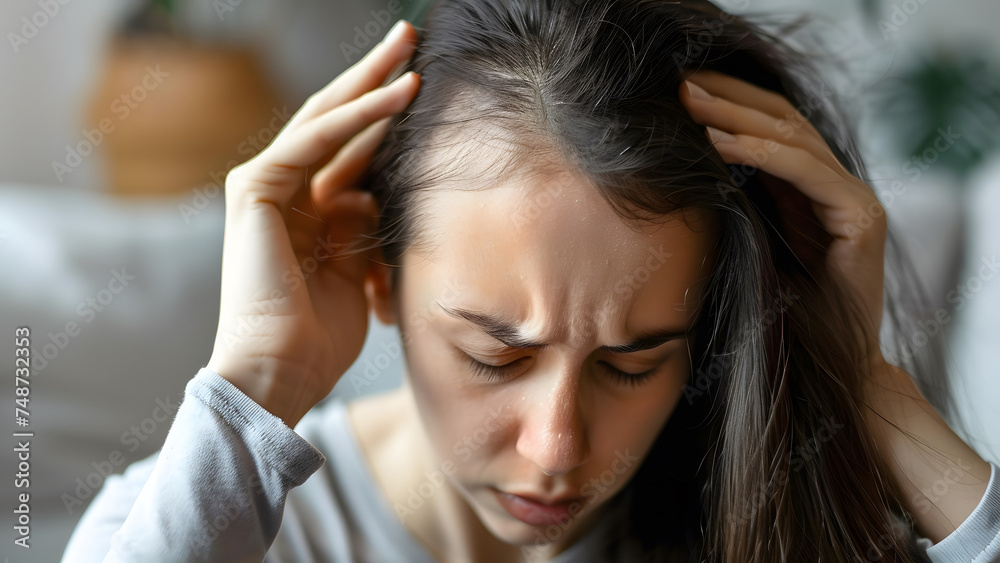 Hair loss problem, woman long hair stressed and worried alopecia disease Hair loss problem, woman long hair stressed and worried alopecia disease