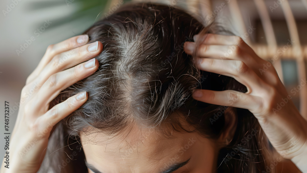 Fototapeta premium Hair loss problem, woman long hair stressed and worried alopecia disease