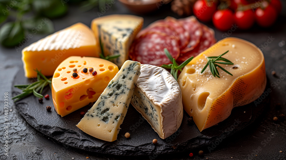 Cheese platter with different types of cheese, tomatoes, grapes, and herbs on a black stone background.