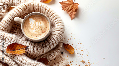 Cup of coffee with a warm scarf and autumn leaves on a white background photo