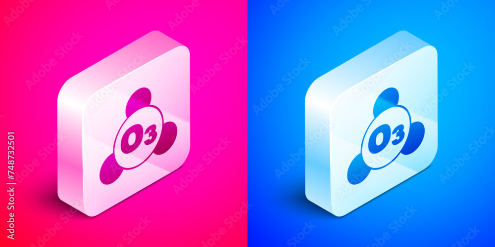 Isometric Ozone molecule icon isolated on pink and blue background. Ozone, O3, trioxygen, inorganic molecule. Structural chemical formula and molecule model. Silver square button. Vector Isometric Ozone molecule icon isolated on pink and blue background. Ozone, O3, trioxygen, inorganic molecule. Structural chemical formula and molecule model. Silver square button. Vector