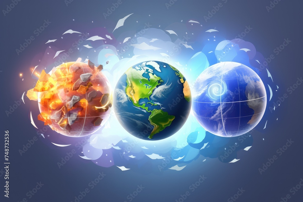 Naklejka premium Earth planet sunny cloudy rainy and lightning bolts weather forecast, climate change. Generative Ai.