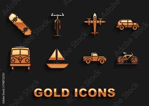 Set Yacht sailboat or sailing ship, Hatchback car, Bicycle, Pickup truck, Retro minivan, Old retro vintage plane, Skateboard and icon. Vector