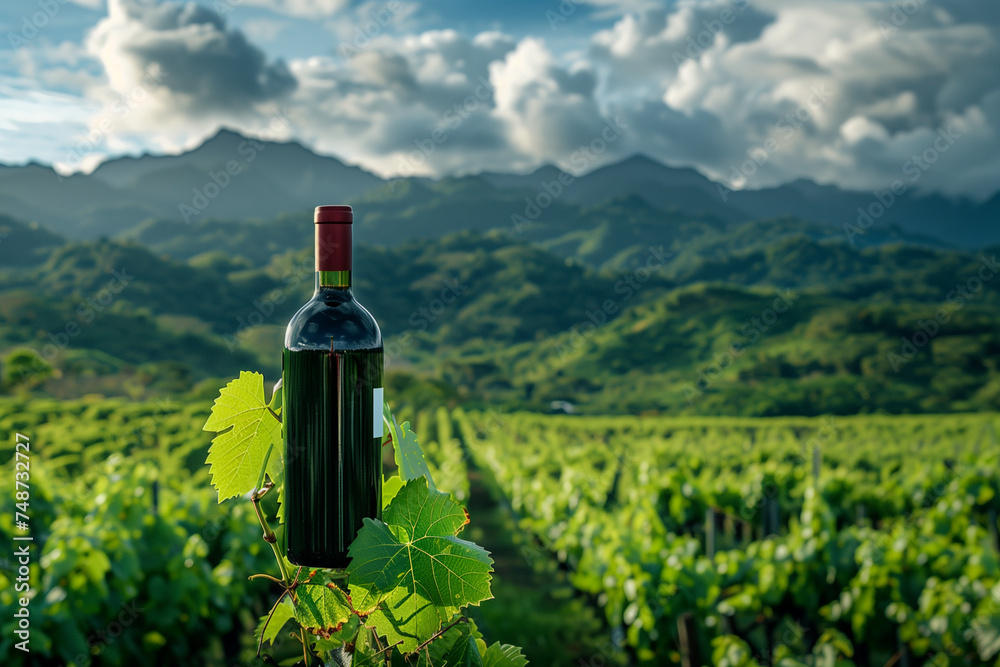 Bottle of Wine on Lush Green Field