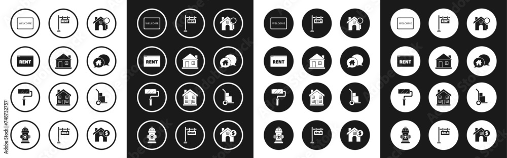 Set Search house, House, Hanging sign with text Online Rent, Doormat the Welcome, building speech bubble, Hand truck and boxes and Paint roller brush icon. Vector Set Search house, House, Hanging sign with text Online Rent, Doormat the Welcome, building speech bubble, Hand truck and boxes and Paint roller brush icon. Vector