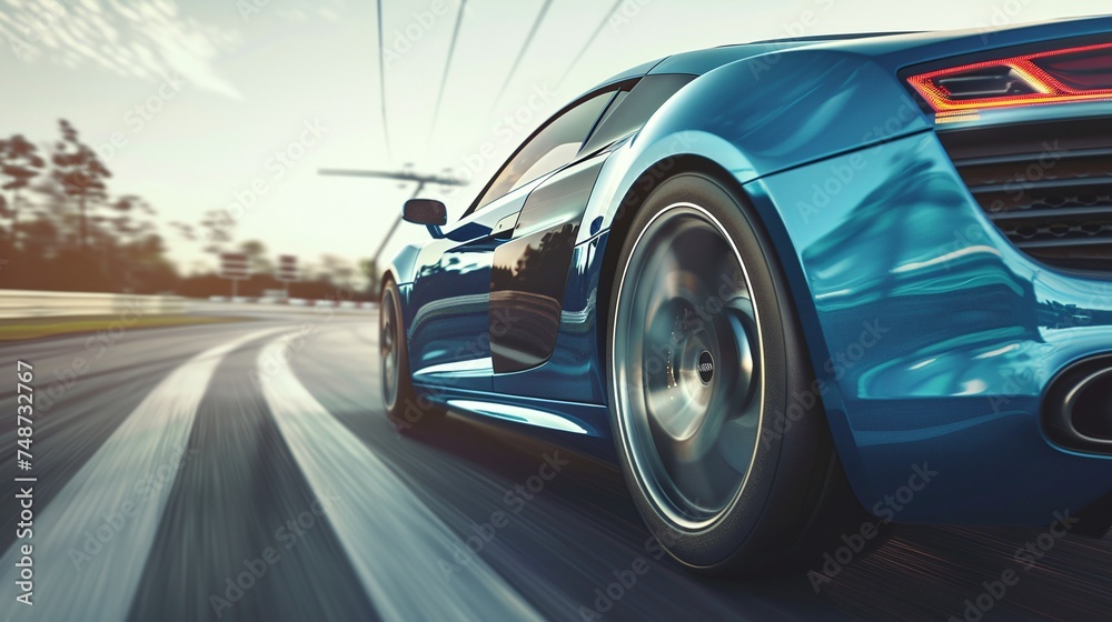rear view of blue car on high speed in turn, rush hour rush along high-speed freeway, motion blur adding to fast-paced journey