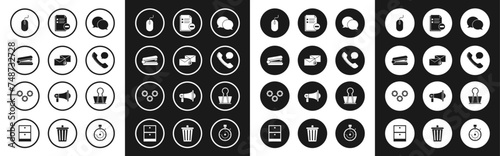 Set Speech bubble chat, Envelope, Office stapler, Computer mouse, Telephone handset and speech, Document with minus, Binder clip and Gear icon. Vector